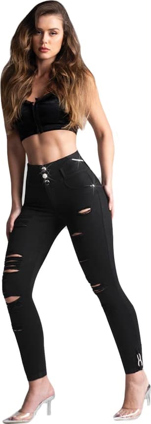 JEANS SUPER SKINNY CINTURA ALTA CON PEDRERIA