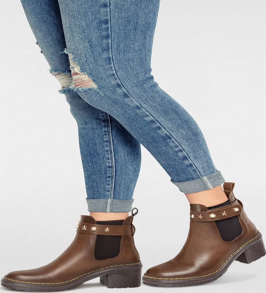 Bota Moto Pu De Tacón Alto Con Perlas