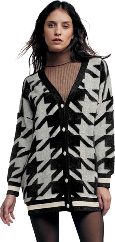 Sweater Largo Tejido Pata De Gallo