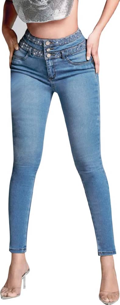 JEANS SUPER SKINNY CINTURA ALTA CON PEDRERIA