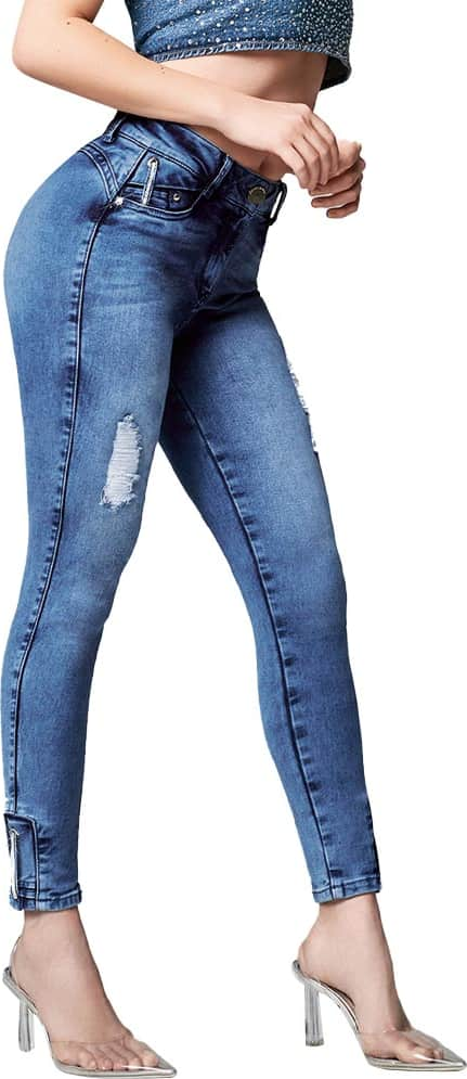 JEANS SUPER SKINNY CINTURA ALTA CON PEDRERIA